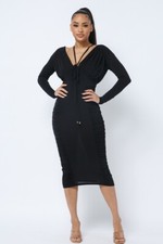 Long Sleeve Midi Dress With Low V Neck Front Back With Ruching On Sides Chest