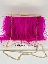 Olga Berg Estelle Feather Clutch Fuchsia Purse Handbag Statement Bag Convertible