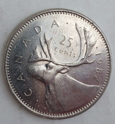 1982 Canada 25 Cent Coin Quarter Caribou/ Queen Elizabeth II D. G.