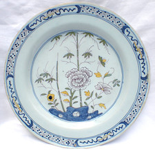 Antique 18th Century English Delft Polychome Plate Flowers Rockwork Scroll Borde