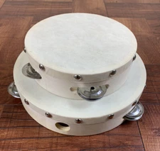 Tambourine/Pandereta- Set Of 2-Single Row Of Jingles, Goat Skins Size 6” & 8”.