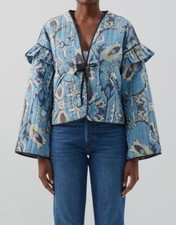 $395 Hannah Women's Blue Janaji Ruffled Printed Cotton Jacket Size 0