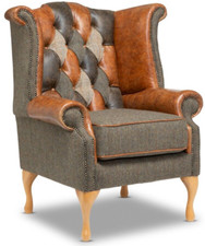 Chesterfield Highback Chair Patchwork Vintage Leather and Harris Tweed Wool