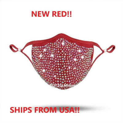 Bedazzled Bling Face Mask NEW RED Diamond Rhinestone Sparkle with filter Pocket