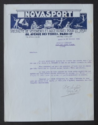Rechnung PARIS 1935 NOVAPORT Tennis Angeln Ski Motorrad Camping Art Deco 74