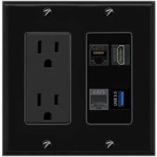 CAT6 HD PHONE USB-3 Port Wall Plate Black w Power Outlet