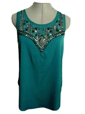 JESSICA SIMPSON Beaded Blouse S Teal Green Tulip back Sequin detail Blouse Scoop