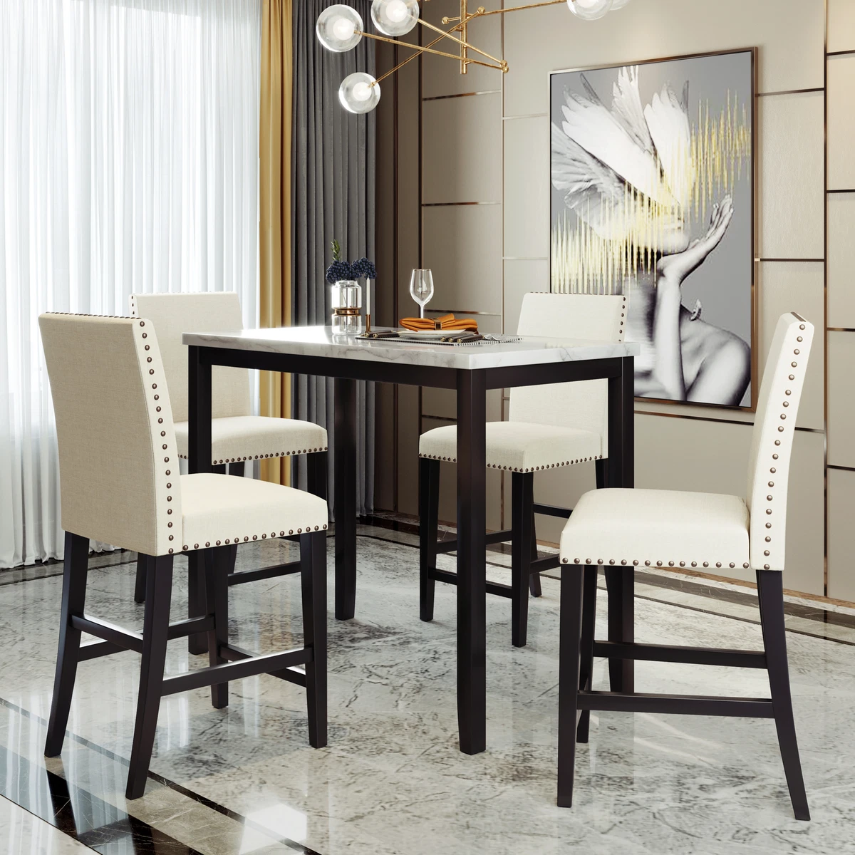5 Piece Kitchen Dining Set Faux Marble Table and 4 Chairs