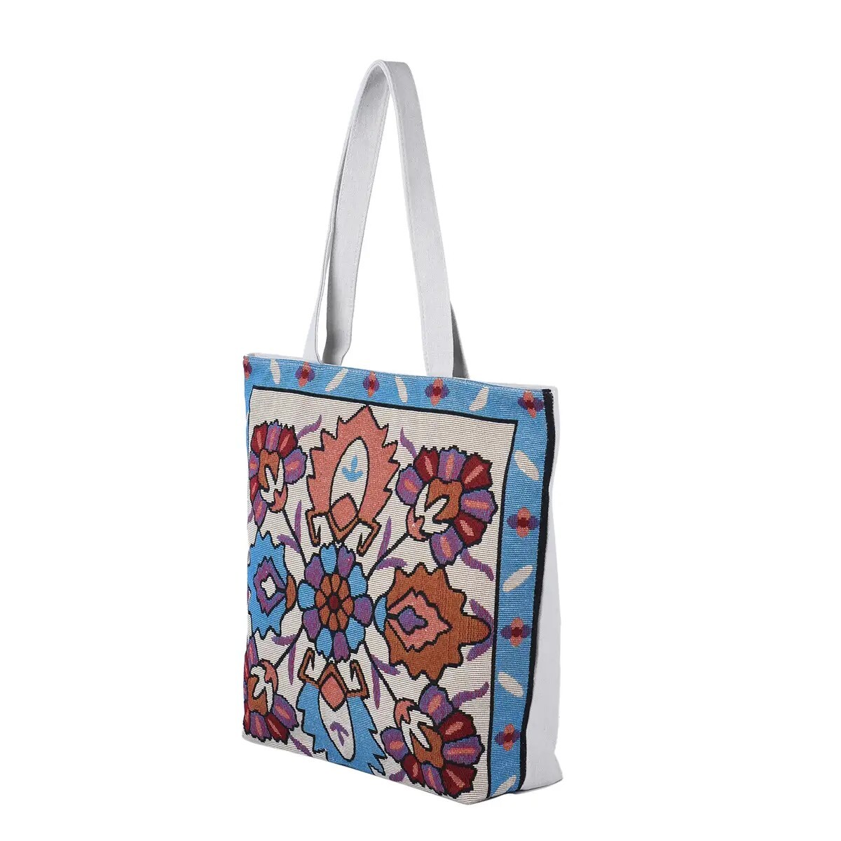 Blue Flower Jacquard Pattern Zipper Closure Tote Bag with Fixed