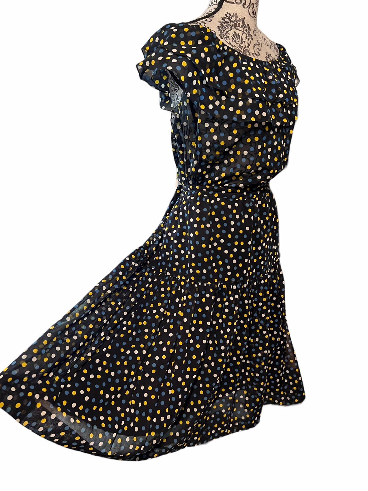 YVES SAINT LAURENT donna gonna grande e blusa media con volant blu navy a pois