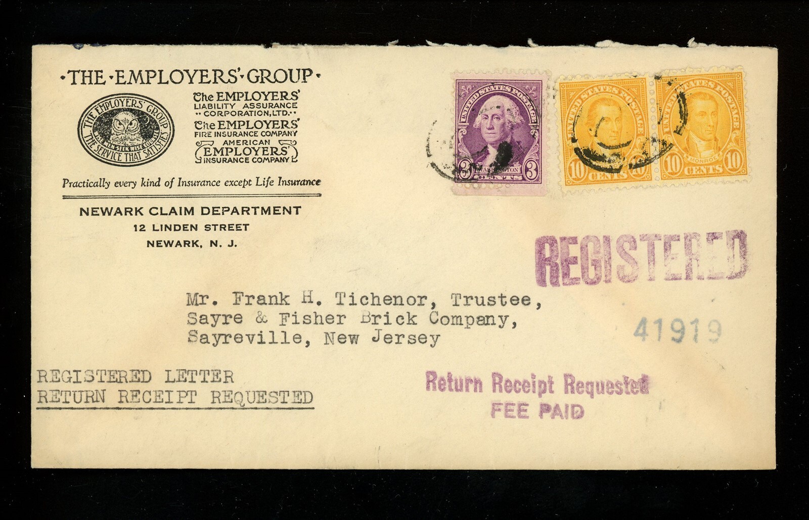 US Postal History 642(2)+720 Owl CC Registered 1936 Newark NJ to