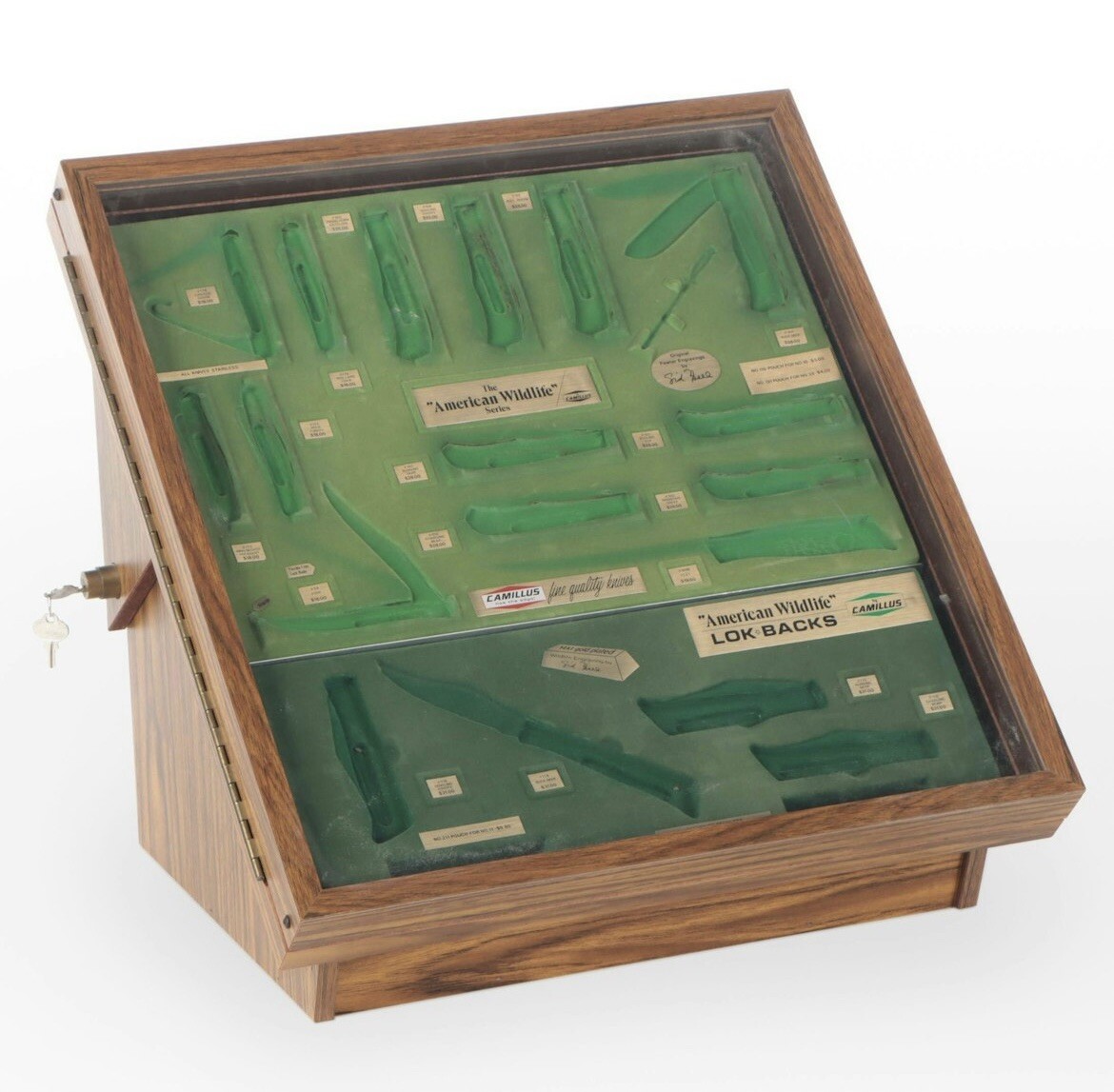 Vintage Camillus Pocket Knives Tilt Counter Salesman Display Case Box Wood Glass