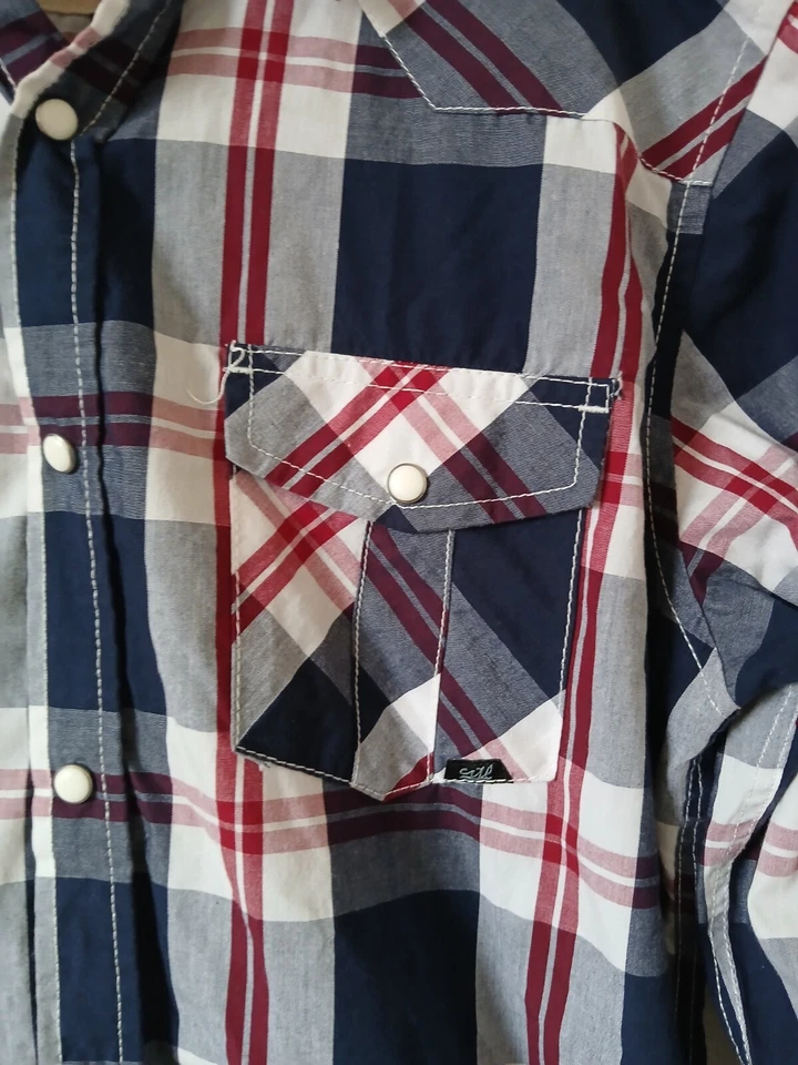 Coastal Shirt Men's Medium Blue Red Plaid Western Cowboy Tab Roll Sleeves Snap - Image 3 of 4