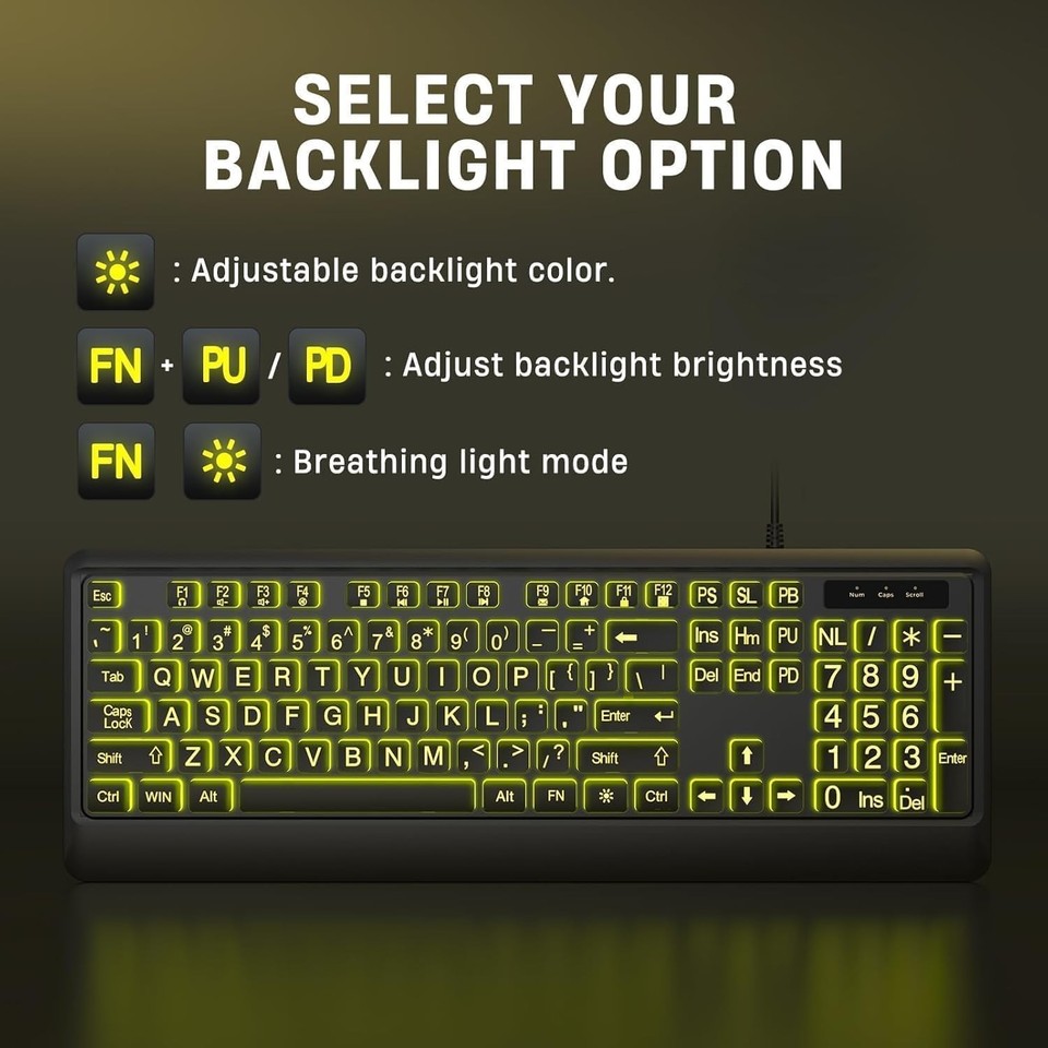 Large Print Backlit Keyboard, Wired USB Lighted Computer Keyboards with ...