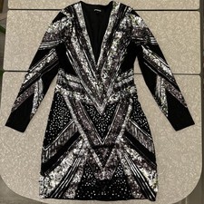 Express Women’s Sequin Stretch Bodycon Mini Art Decor Black and Silver 