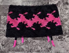 NWT VICTORIA'S SECRET M PINK BLACK LACE UP MESH V STRING RARE GARTER BELT SKIRT