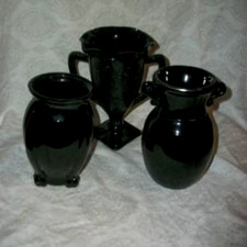 Art Deco Black Amethyst Glass Vases LE Smith Set 3 Dancing Nymhs Trophy Footed