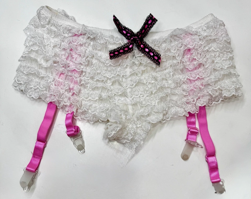 De colección Y2K Bragas/Niños Pantalones Cortos Adjuntos Ligueros Blanco y Rosa Encaje Volantes Pin-Up  Foto 4 de 4