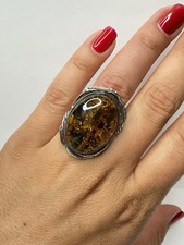 Vintage Natural Baltic Amber 925 Silver Ring Size 7.5 Weaving Around Amber