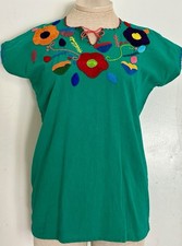 VTG Handmade MEXICAN Green EMBROIDERED FLORAL Huipil Boho PEASANT Top BLOUSE-S