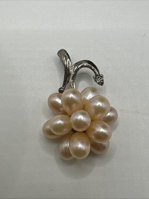 Vintage Pink Cultured Pearl Cluster Flower Silver Tone  Pendant Rhinestone