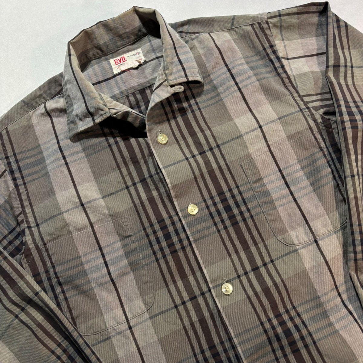 ジャケット・アウター notconventional / loop button long shirt Vintage 50's BVD Plaid Button Down Shirt Men's Large Loop Collar