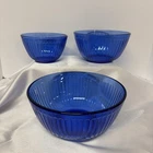Vintage set of 3 Pyrex Ribbed Elegant Cobalt Blue Nesting Bowls USA Rare