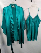 Vintage Val Mode Lingerie Kelly Green Satin Nightgown Slip Dress  Robe Sz Large