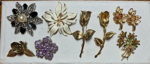 9 Vintage BROOCHES Pins Ornate Costume Jewelry Floral Rhinestone Enamel Lot