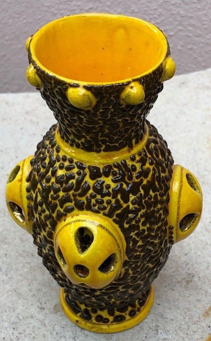 UNIQUE VINTAGE ARTS AND CRAFTS STYLE MINIATURE CERAMIC VASE YELLOW AND BROWN Tanie krajowe
