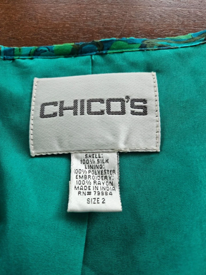 Chaqueta Bolero Chico’s Mujer Talla 2 (12) Verde Bordada 100% Seda Manga Larga Foto 3 de 4