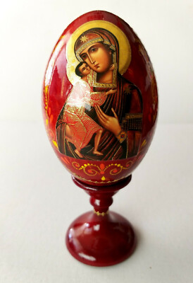 Wooden EASTER EGG hand painted decorated Our Lady The Virgin Icon Lithography