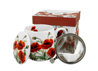 DUO FLORAL Fassbecher 430 ml CLASSIC POPPIES mit Teesieb, New Bone China Porz...
