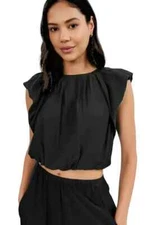 VELVET By Graham & Spencer Amora Silk Cotton Voile Cropped Top Black S $205 H5