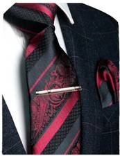 Mens Floral Necktie and Pocket Square Tie Clip Sets for Men Burgundy