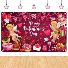 Valentine's Day Backdrop Banner Cupid Red Ross Blossom Love Heart Cake Gift P...