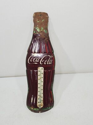 VINTAGE 1950's COCA COLA BOTTLE TIN ADVERTISING THERMOMETER ROBERTSON -- AS-IS