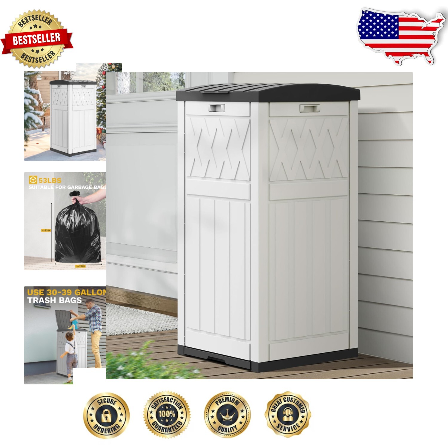 Sleek Grayish-White 33-Gallon Trash Can for Patio & Backyard - Easy Assembly