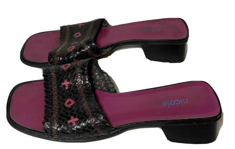 Womens Black Low Block Heel Slide Sandals Size 9.5  Pink Accents Square Toe - Image 2 of 4
