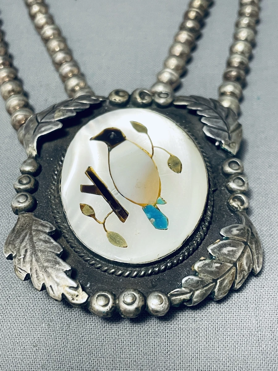 ONE OF THE BEST VINTAGE NAVAJO BIRD INLAY TURQUOISE STERLING SILVER NECKLACE