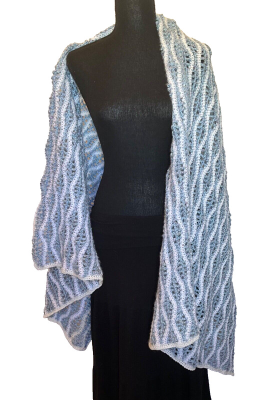 Ob.D. Handmade, Hand Crochet Wave Lace Stole/Wrap, Marled Baby Blue & White