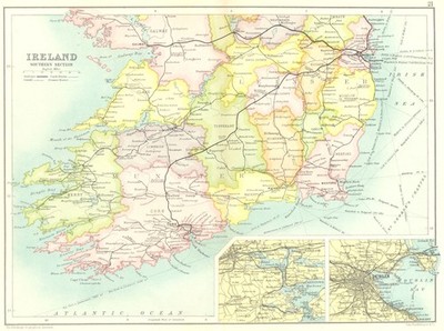 IRLAND SÜD. Munster Leinster; Kork Dublin. Landkreise Eisenbahnen Kanäle 1909 Karte