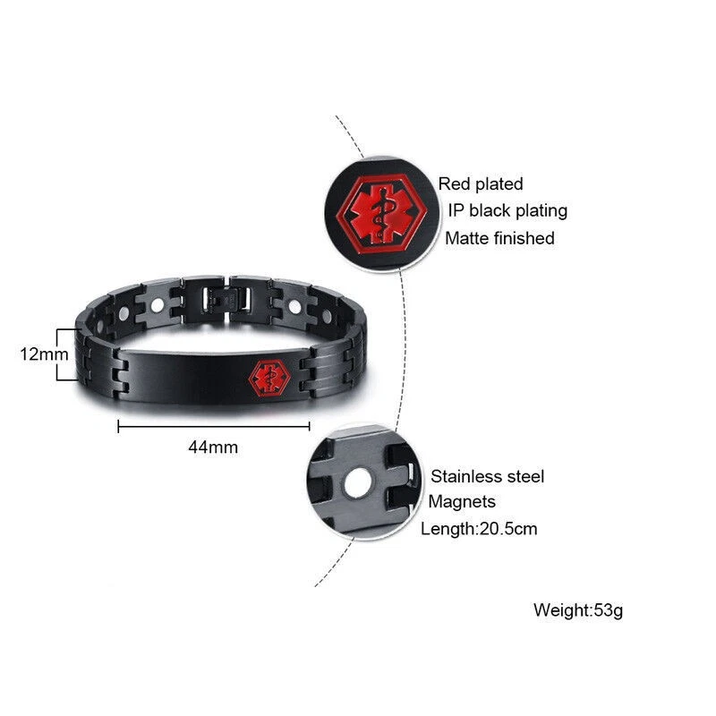Pulsera Magnética Salud Alerta Médica Identificación Hombres Grabado Gratis Acero Inoxidable Negra Foto 4 de 4