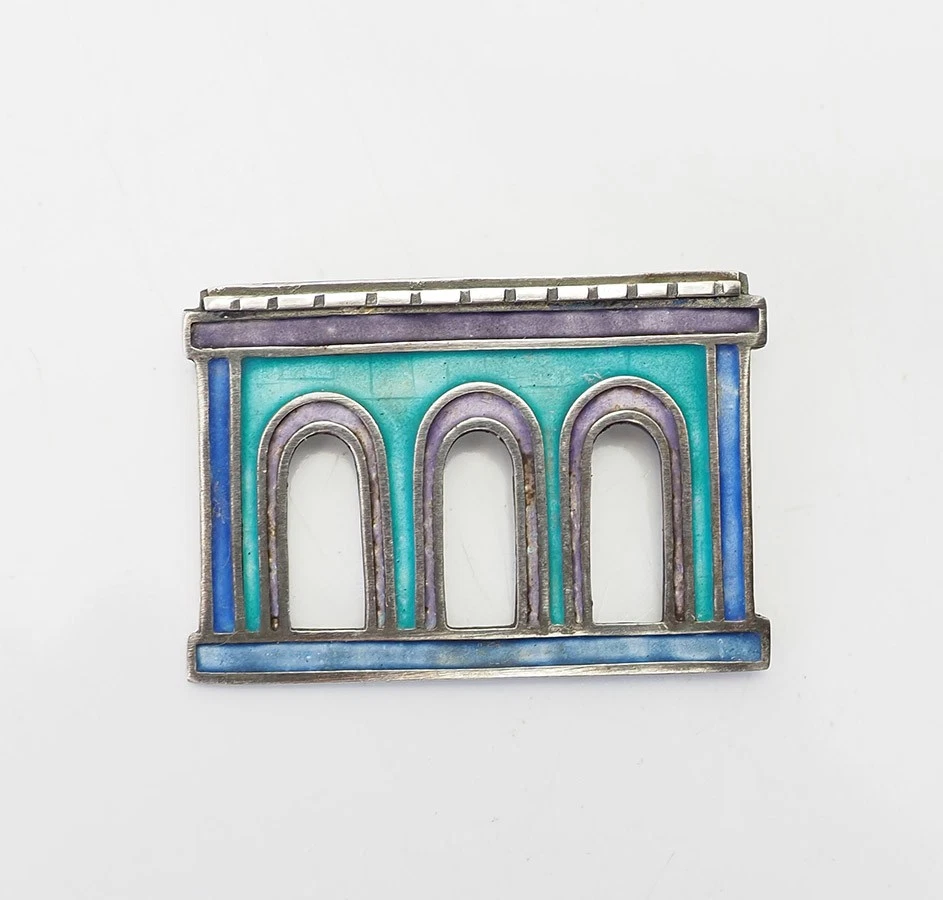Carly Wright handmade sterling silver enamel architectural building brooch pin