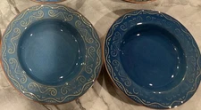 2-Pier 1 Tunisia Blue Scroll Pattern Flat Rim Embossed 8.5" Soup Pasta Bowls