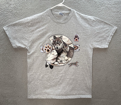 Vintage Hanes Shirt Adult Large Gray Aztec Nature Wolf Grunge Skater 90s Y2K