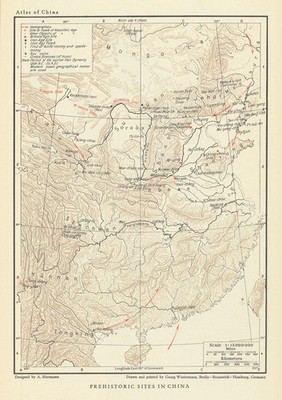 Prähistorische Stätten in China. Jungsteinzeit, Bronze & Eisenzeit. Wanderkarte 1935