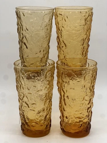 Vintage Anchor Hocking Lido Milano Amber Tumblers Set of 4 Textured 1960s–70s