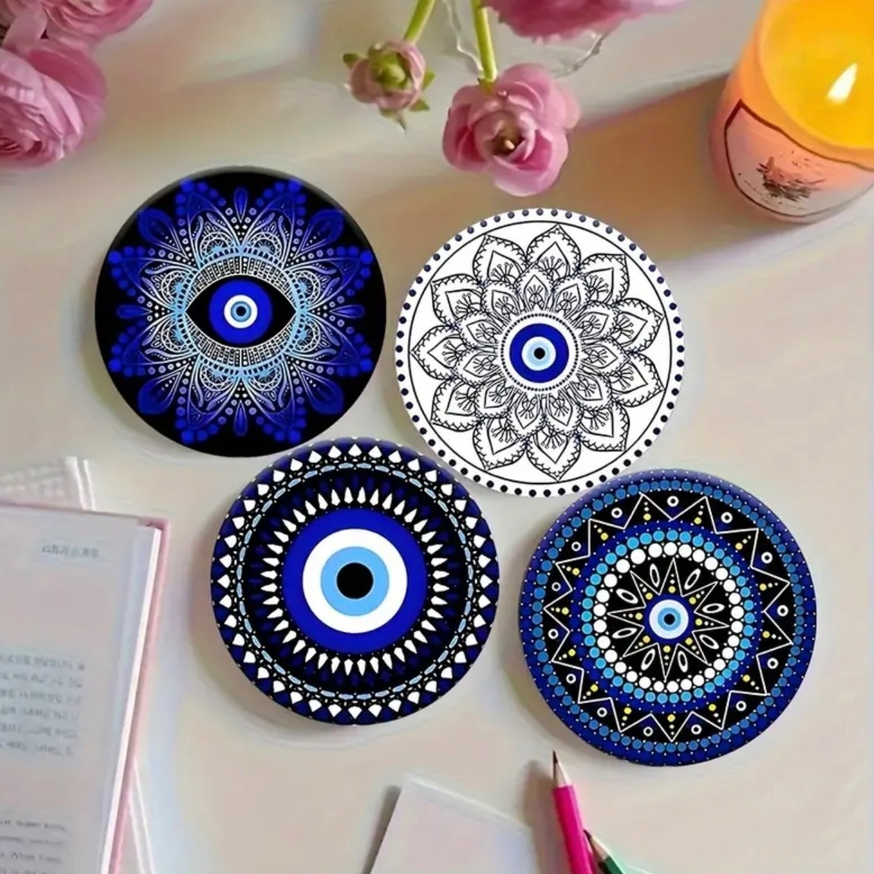 Juego de posavasos Evil Eye Mandala x6 alfombrillas redondas para tazas de té café decoración del hogar