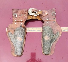 Youth Leather Gems Dbl Toy Gun HOLSTER Silver Plated Wore Off, Ships From KS